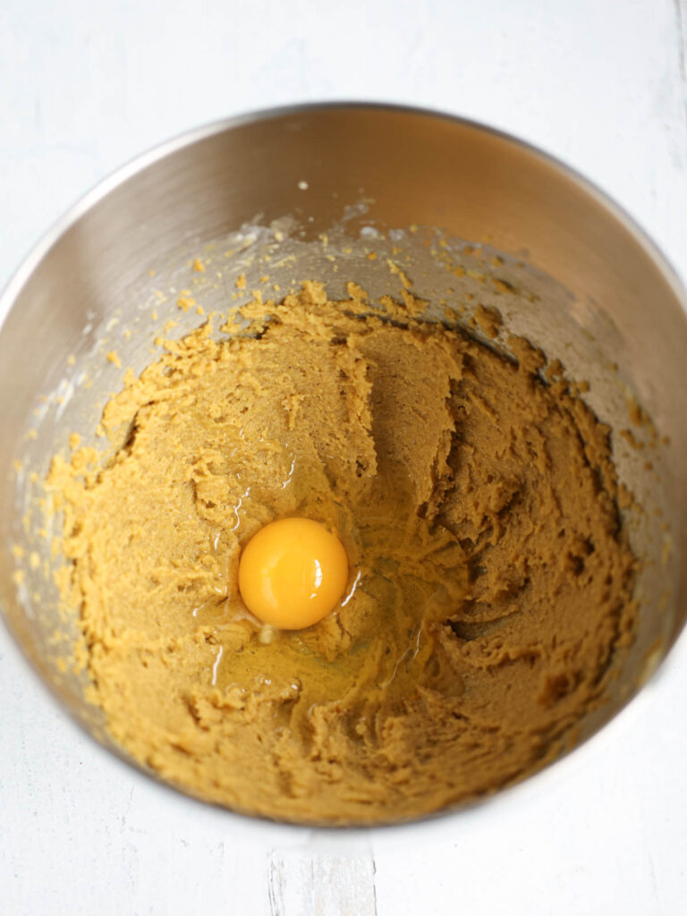 Pistachio cookie batter in the mixing bowl. 